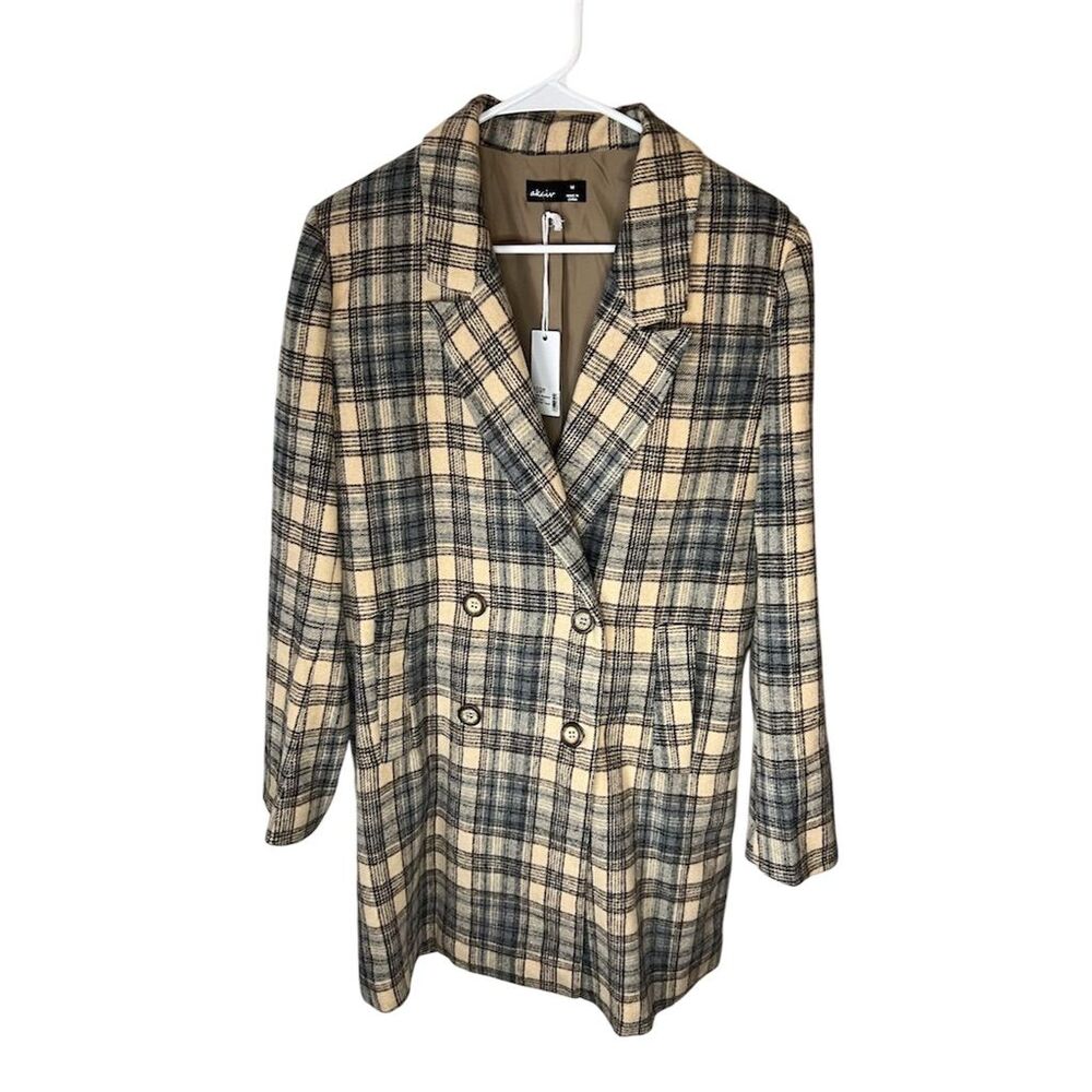 Akaiv Women's Plaid Double-Breasted Coat Taupe Size M Mid-Length